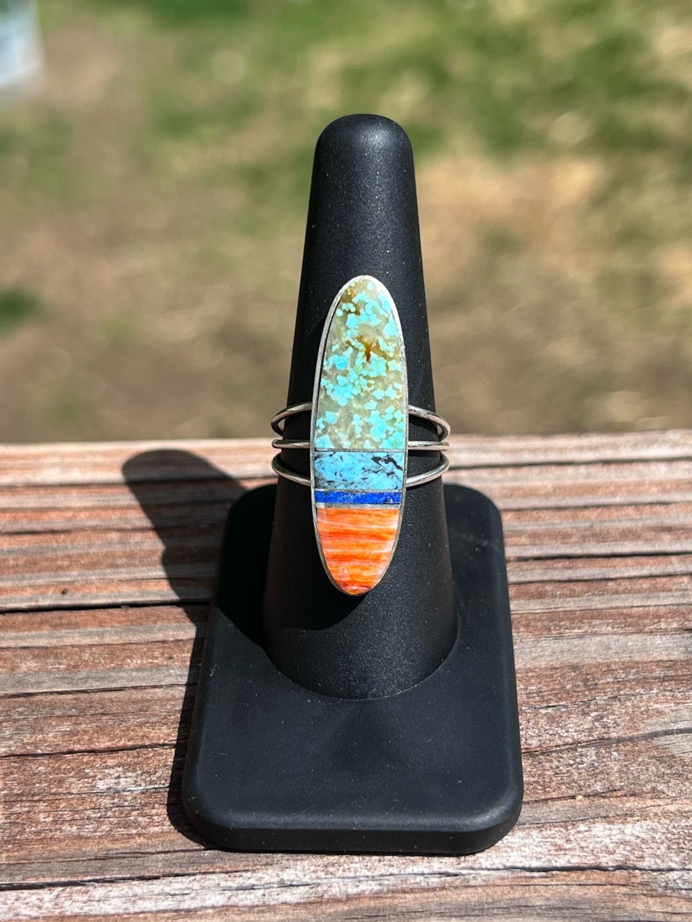 Navajo Inlay Silver Ring Turquoise Spiny Oyster